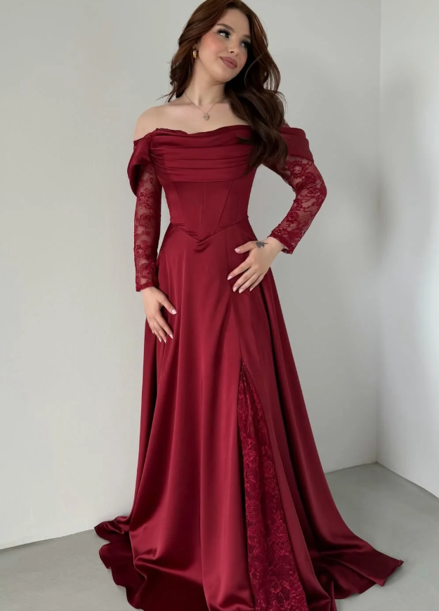 Elegant Burgundy A Line Long Sleeve Lace Satin Prom Dress Wedding Guest Dress SH6012