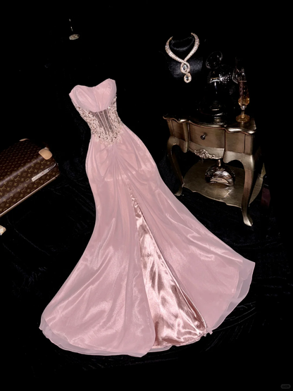 Pink Mermaid Sweetheart Neck Appliques Chiffon Satin Long Prom Dress Party Dress SH3069