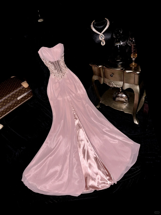 Pink Mermaid Sweetheart Neck Appliques Chiffon Satin Long Prom Dress Party Dress SH3069