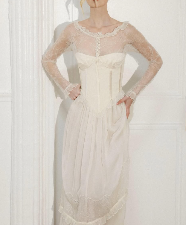 Gentle A Line Long Sleeve Ivory Lace Chiffon Prom Dress Graduation Prom Dress SH2642