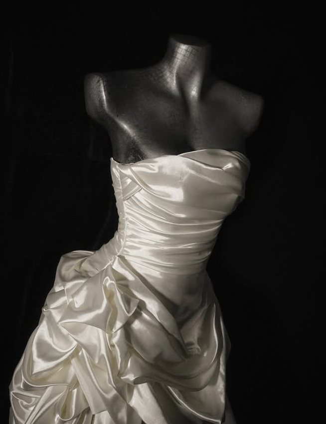 Gentle A Line Strapless Pleated White Satin Long Wedding Dress SH4529