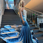 Blue Velvet Appliques Bead Meemaid Long Prom Dress Formal Evening Dress SH975