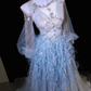 Exquisite Beaded Long Sleeve Blue Feather Tulle Date Dress Evening Dress Prom Dress SH3440