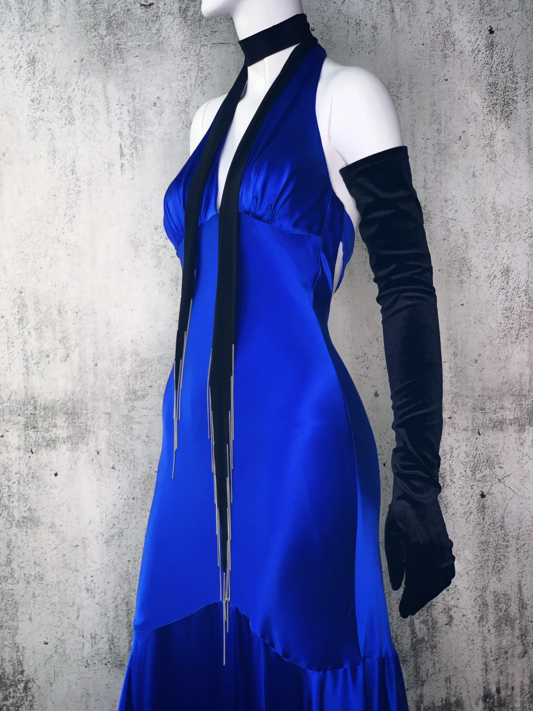 Vintage Stunning Blue Mermaid Halter Satin Open Back Prom Dress Evening Dress SH5129
