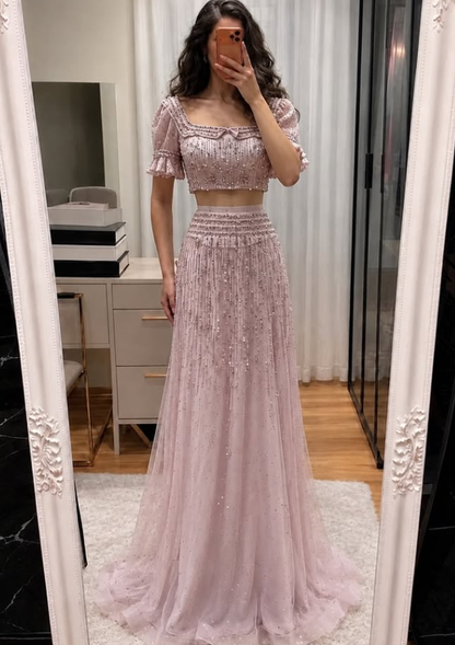 Luxurious Two Piece A Line Puff Sleeve Beaded Pink Tulle Long Prom Dress Evening Dress SH8949