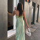 Charming A Line Spaghetti Straps Green Satin Long Prom Dress Evening Dress with Slit SH1952