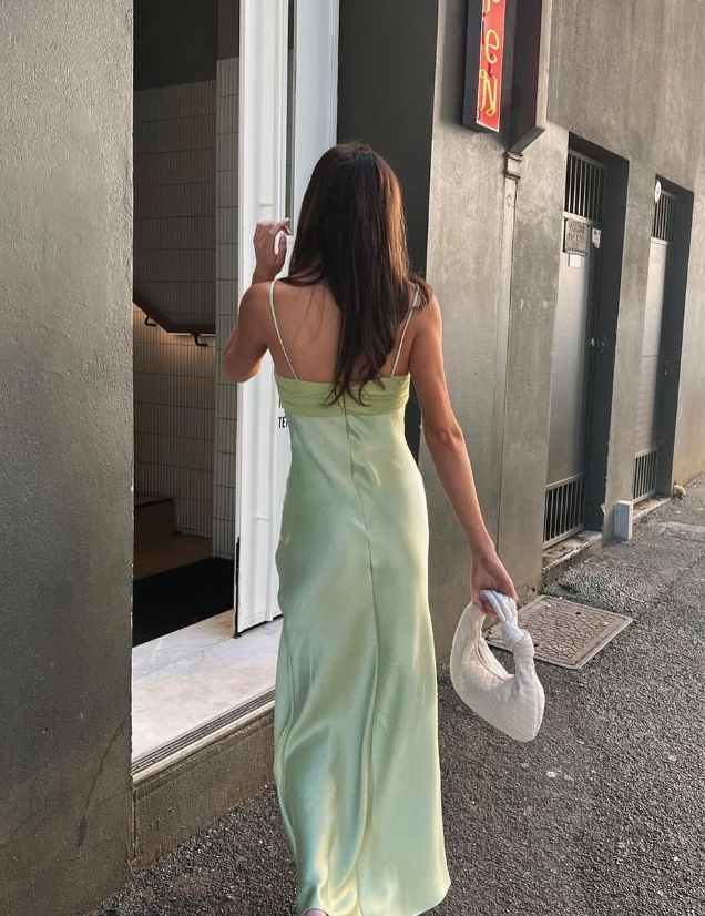 Charming A Line Spaghetti Straps Green Satin Long Prom Dress Evening Dress with Slit SH1952