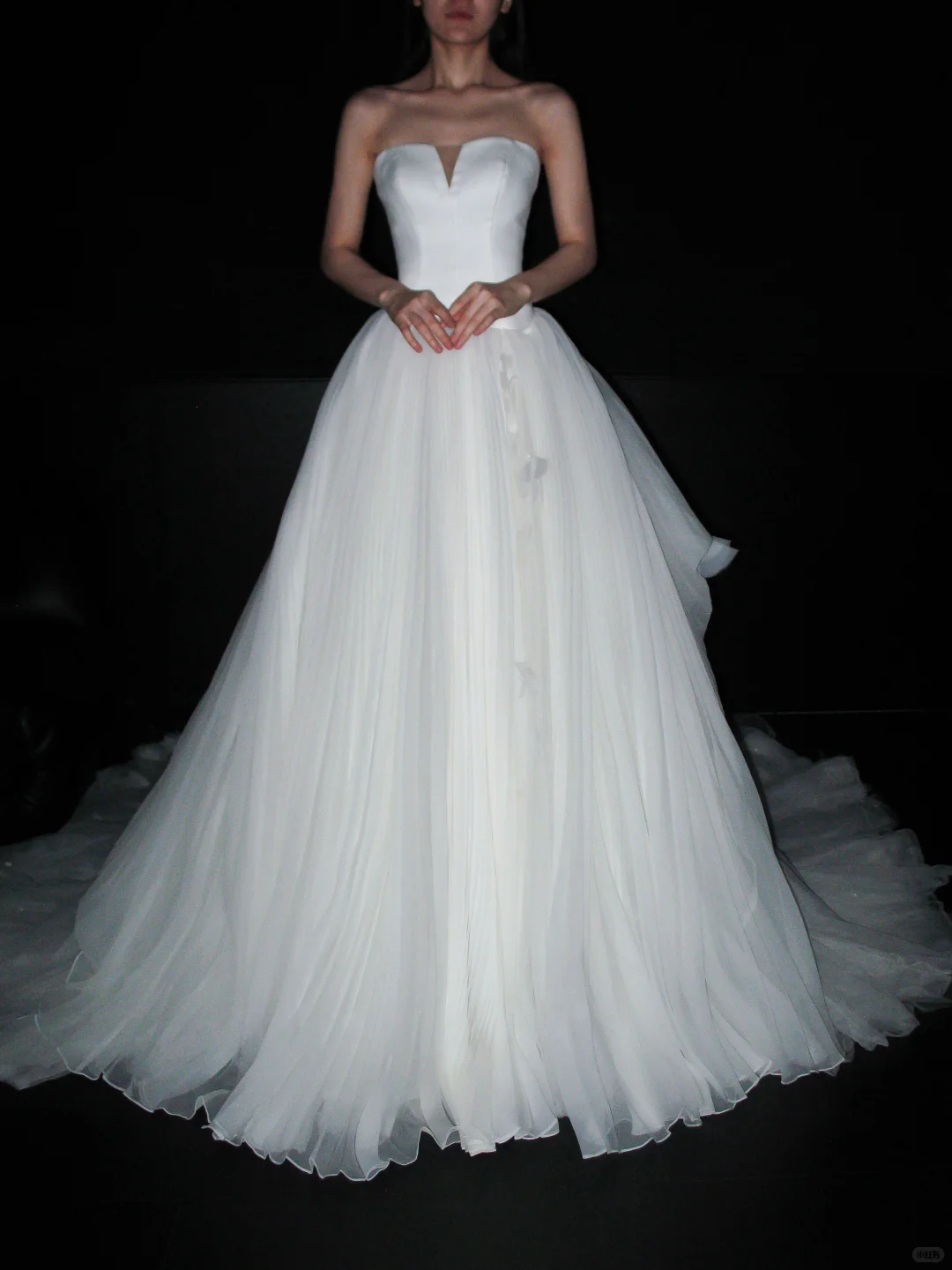 Pretty Romantic Ball Gown Strapless White Satin Tulle Long Train Wedding Dress SH6619