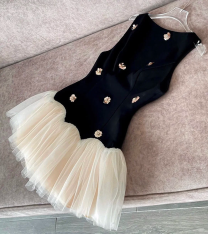 Classic A Line Round Neck Sequin Black Satin Tulle Short Homecoming Dress SH5015