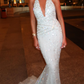 Light Baby Blue Mermaid Exquisite Beaded  V Neck Tulle Backless Long Prom Dress SH5358
