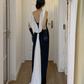 Retro Sheath Backless White Chiffon Black Satin Long Prom Dress Evening Dress SH6046