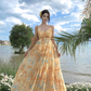 Flowy A Line Spaghetti Strap Floral Yellow Chiffon Prom Dress Vacation Dress SH4138