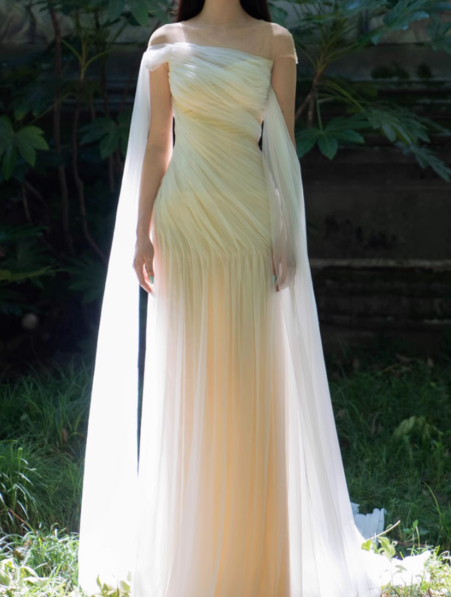 Flowy Simple Ivory A Line Pleated Tulle Long Evening Dress Party Dress SH3484