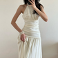 Simple Ivory A Line Halter Pleated Satin Slit Open Back Evening Dress Party Dress SH3957