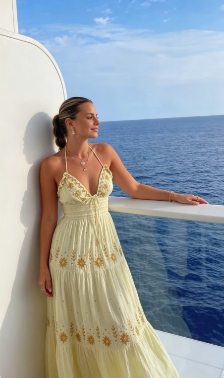 2026 New A Line Spaghetti Strap Embroidered Light Yellow Satin Prom Dress Outfits SH1023