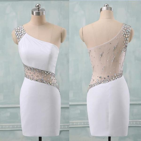 White One Shoulder Sexy Backless Mini Party Dress Beaded Homecoming Dress SH753