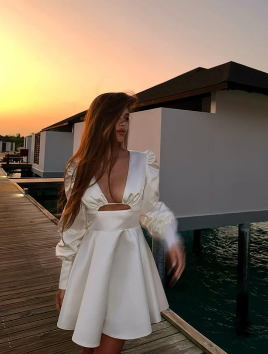 Simple Ivory A Line Long Sleeve V Neck Satin Short Homecoming Dress Outfits SH6498