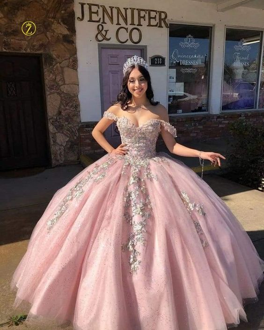 Pink Sweetheart Neckline Tulle Appliques 16 Princess Ball Gown Quinceanera Dress Prom Dress SH1066