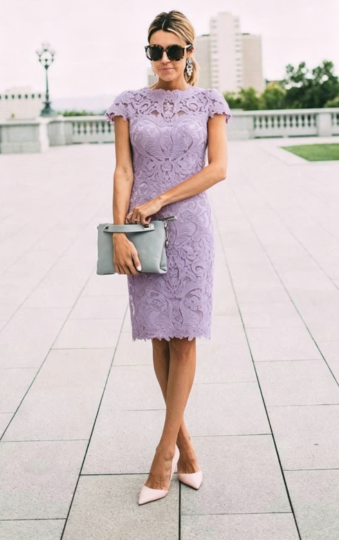 Gentle Pink Sheath Lace Knee Length Mother of the Bride Dress Outfits   shinydress