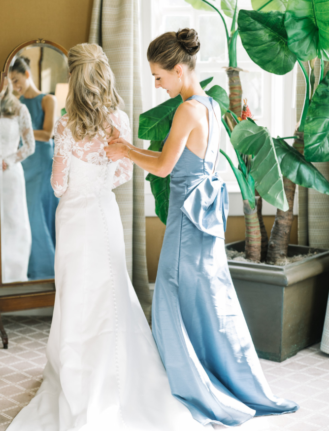 Blue Mermaid Round Neck Satin Back Bow Long Bridesmaid Dress SH6300