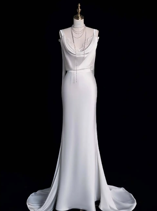 Elegant Sheath Spaghetti Strap Lace Satin Long Sweep Prom Dress Graduation Prom Dress SH2567