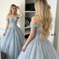 Princess Light Blue A Line Off the Shoulder Beaded Tulle Prom Dress SH5522