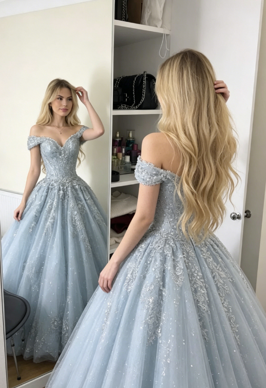 Princess Light Blue A Line Off the Shoulder Beaded Tulle Prom Dress SH5522