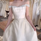 Retro A Line Off the Shoulder Appliques Pearl Ivory Satin Wedding Dress SH6090