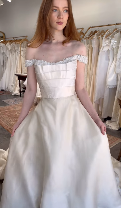 Retro A Line Off the Shoulder Appliques Pearl Ivory Satin Wedding Dress SH6090