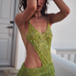 Sexy Green Sheath Spaghetti Strap Beaded Tulle Prom Dress Evening Dress with Slit SH4233