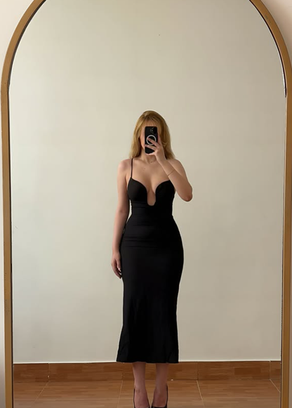 Sexy Black Sheath Spaghetti Strap Satin Backless Prom Dress Evening Dress SH6873