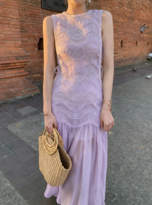 Simple A Line Round Neck Light Apricot Lace Chiffon Party Dress Outfits SH4259