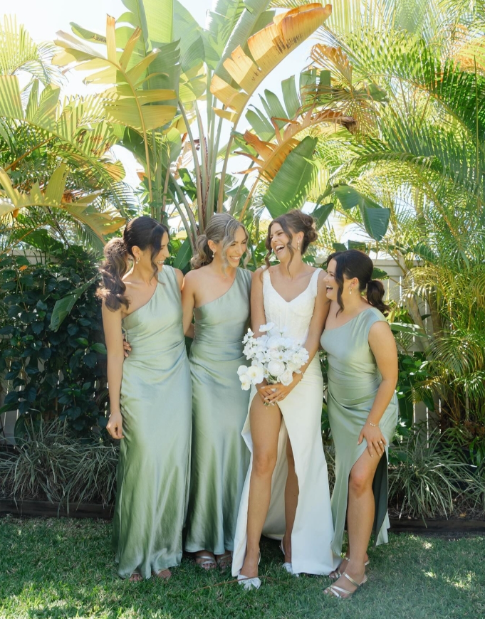 Pretty Sheath One Shoulder Green Satin Bridesmaid Dress Evening Dress with Slit SH3203