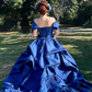 Classic Ball Gown Straps Blue Floral Satin Long Prom Dress 18th Birthday Dress SH4981