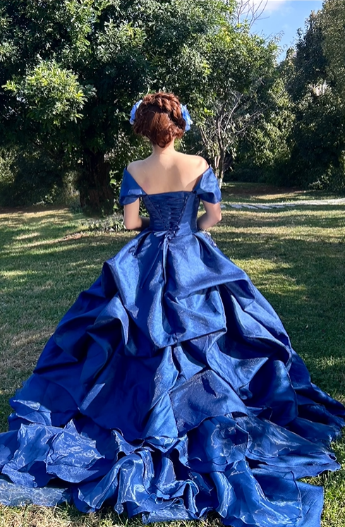 Classic Ball Gown Straps Blue Floral Satin Long Prom Dress 18th Birthday Dress SH4981