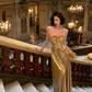 Shiny Golden A Line Sweetheart Neck Satin Long Prom Dress Evening Dress SH4333