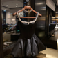 Black A Line Strap Rhinestone Satin Short Prom Dress Homecoming Dress SH7179
