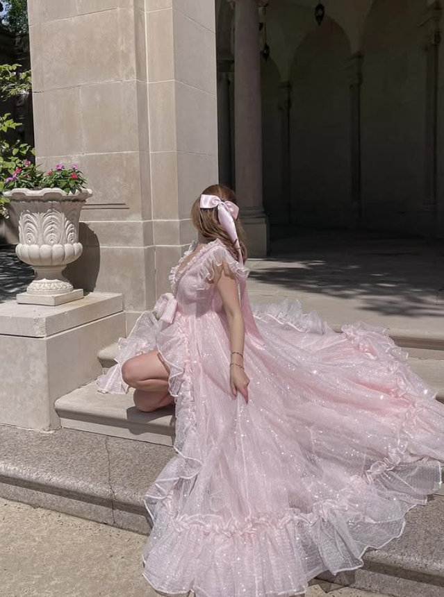 Stunning Light Pink A Line V Neck Tulle Prom Dress Outfits with Slit SH4867