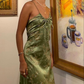 Green Vintage Printed Satin Party Dress Midi Length Formal Prom Dress  SH1246