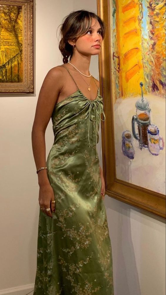 Green Vintage Printed Satin Party Dress Midi Length Formal Prom Dress  SH1246