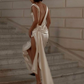 Elegant Sheath Champagne Satin Open Back Prom Dress Evening Dress with Slit SH2149