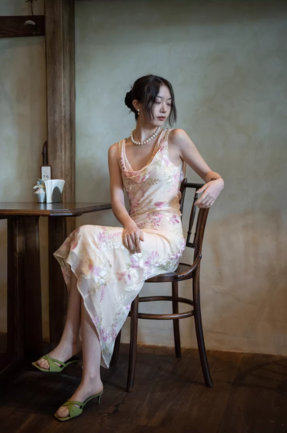 Gentle Retro Mermaid Straps Print Floral Purple Satin Prom Dress Formal Dress SH4021