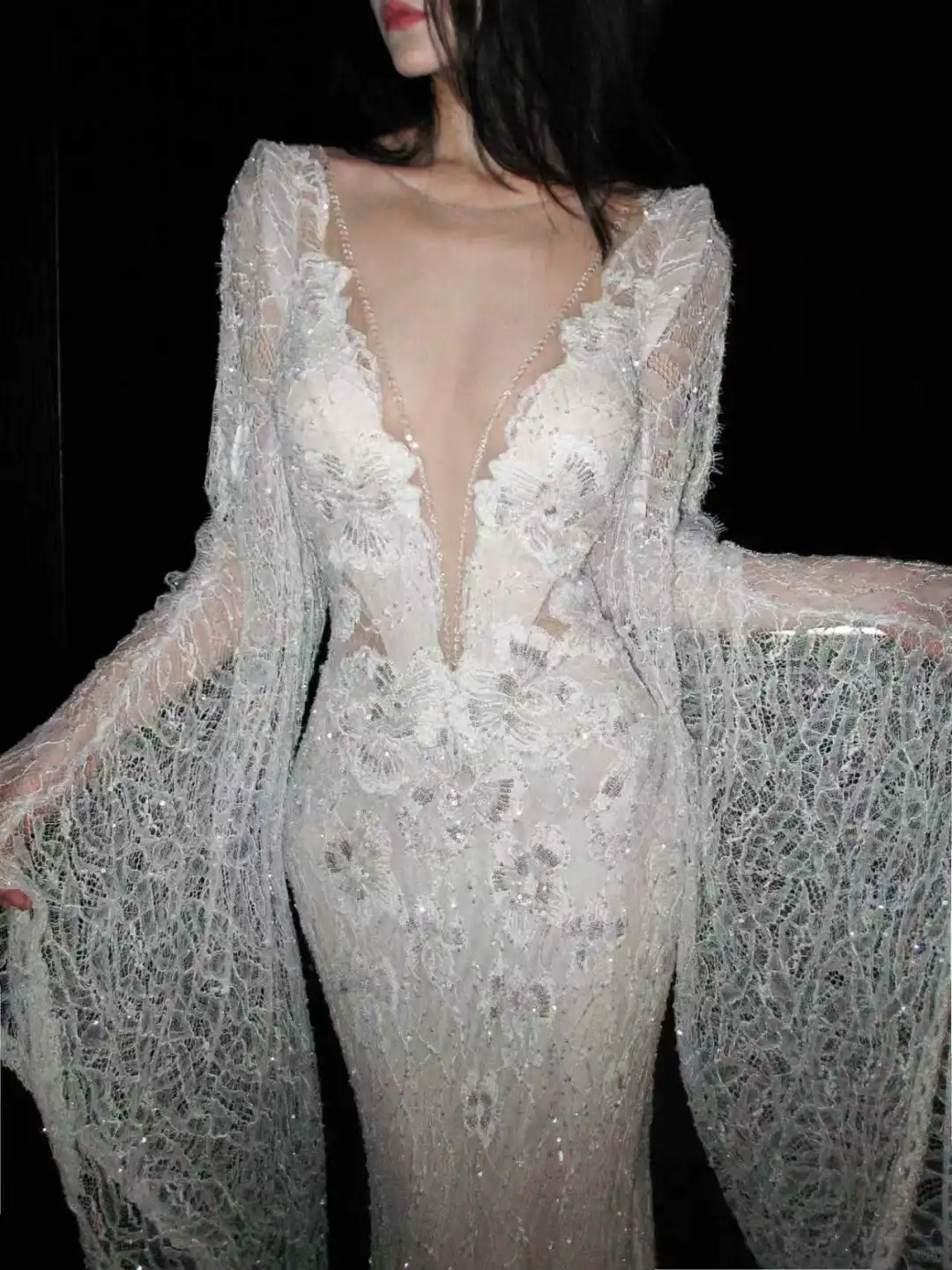 Sexy Mermaid Long Sleeve White Lace Open Back Long Sweep Wedding Dress SH5230