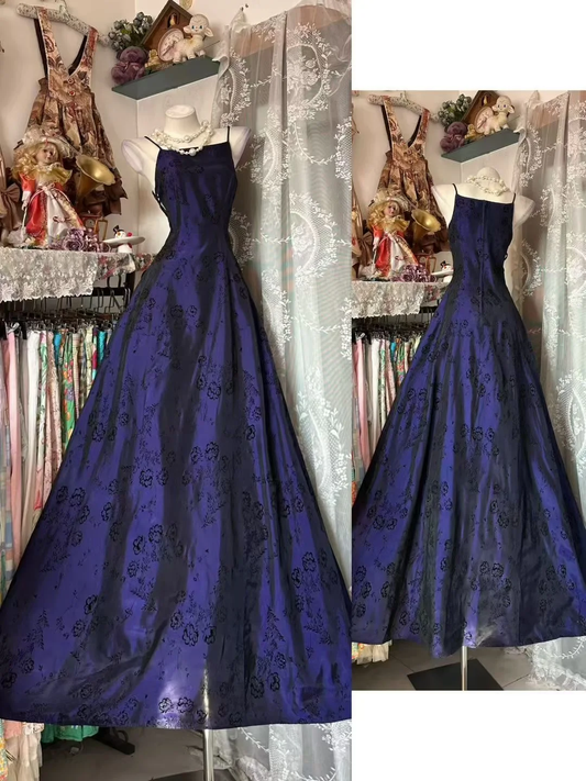 Vintage Purple A Line Spaghetti Straps Print Floral Satin Prom Dress Evening Party Dress SH5672