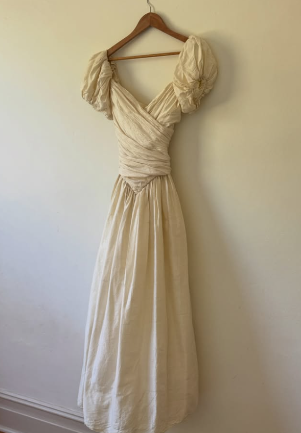 Vintage A Line Puff Sleeve Light Apricot Pleated Satin Wedding Dress SH8470