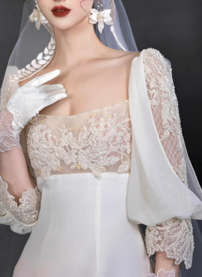 Vintage A Line Long Sleeve White Beaded Satin Long Wedding Dress SH5038