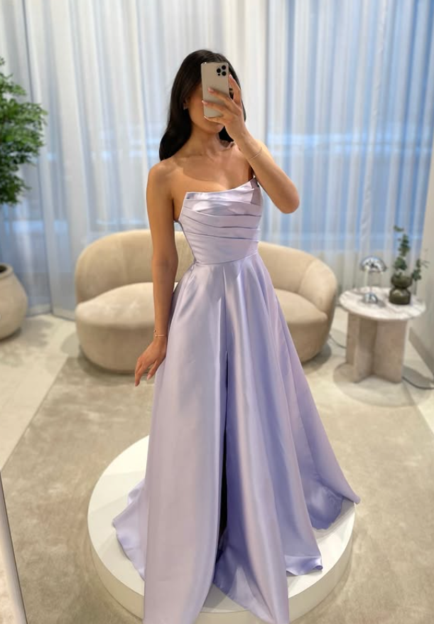 Gentle Lilac A Line Strapless Satin Long Prom Dress Party Evening Dress SH5702