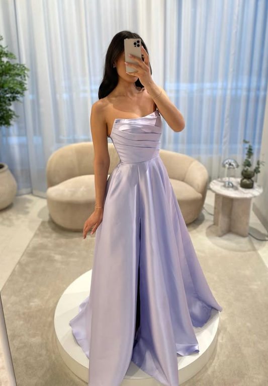 Gentle Lilac A Line Strapless Satin Long Prom Dress Party Evening Dress SH5702