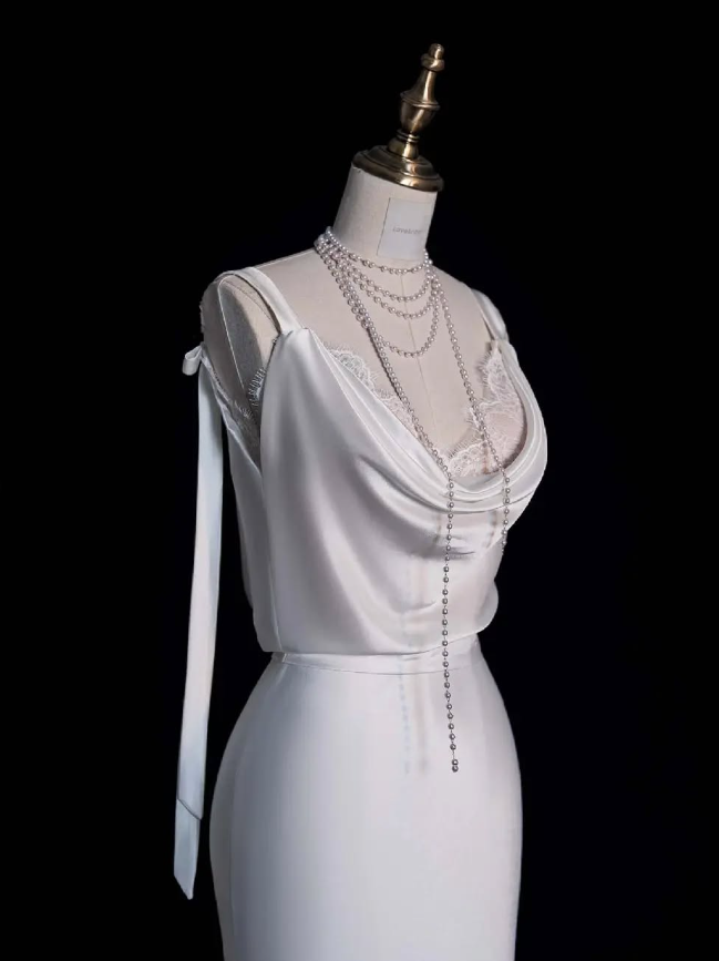 Elegant Sheath Spaghetti Strap Lace Satin Long Sweep Prom Dress Graduation Prom Dress SH2567