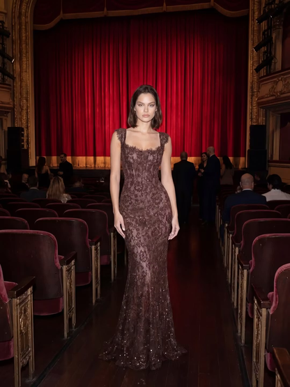 Brown Mermaid Strap Sequin Lace Long Prom Dress Evening Dress SH8552